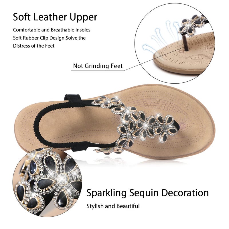 iCKER Womens Thong Flat Sandals Beach Rhinestone for Summer Holiday-Rhinestone Black-9.5 - Image 2